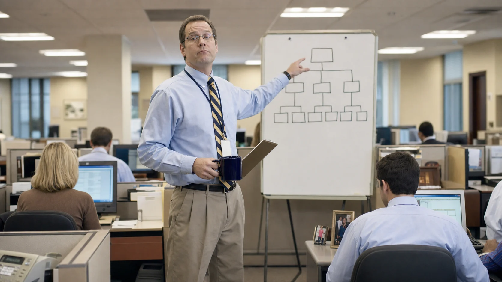 A stereotypical middle manager holding a clipboard and coffee mug while pointing at an office organization chart